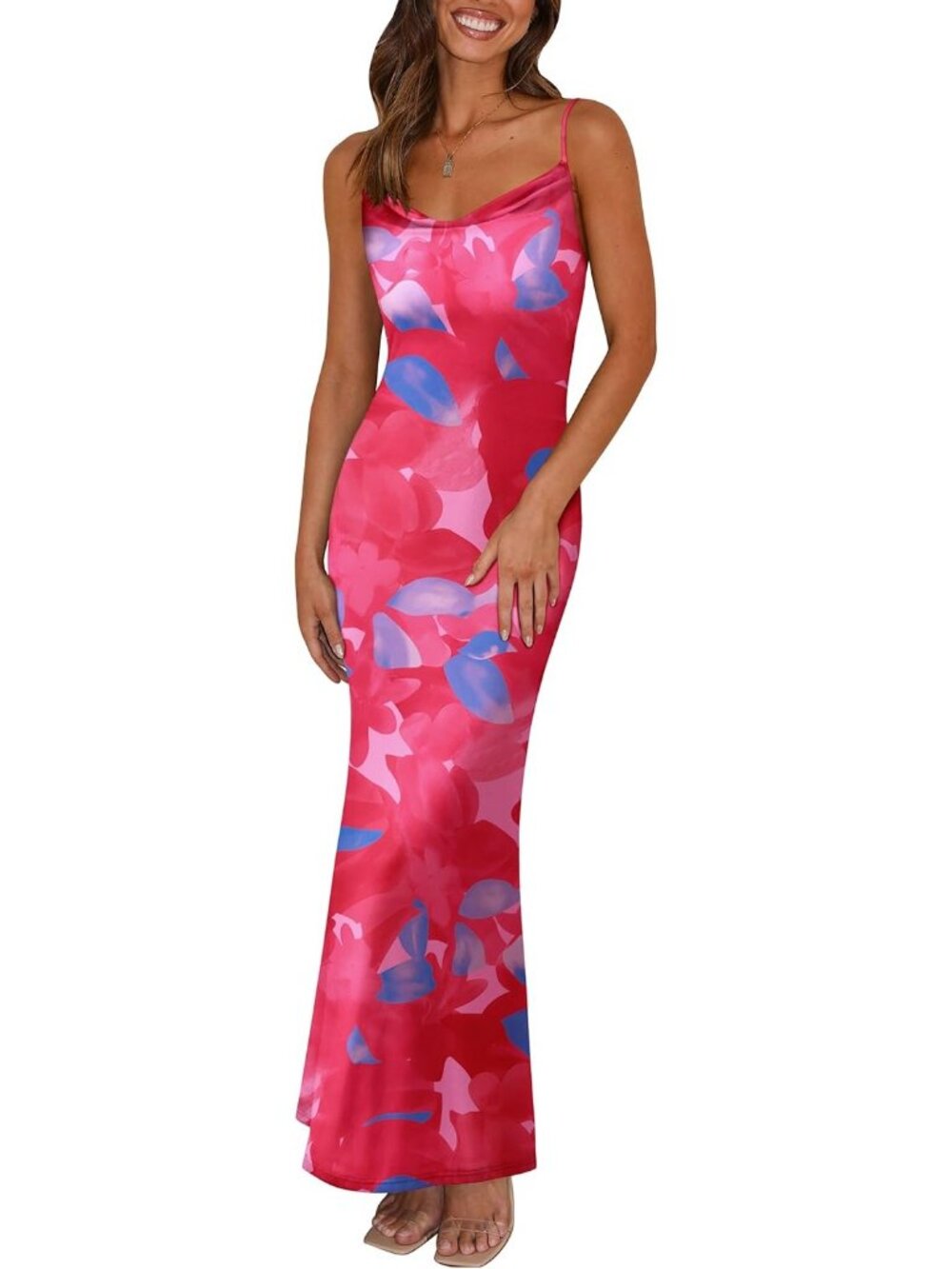 Women's Rose Red Floral Maxi Bodycon Spaghetti Strap Backless Summer Slip Dress